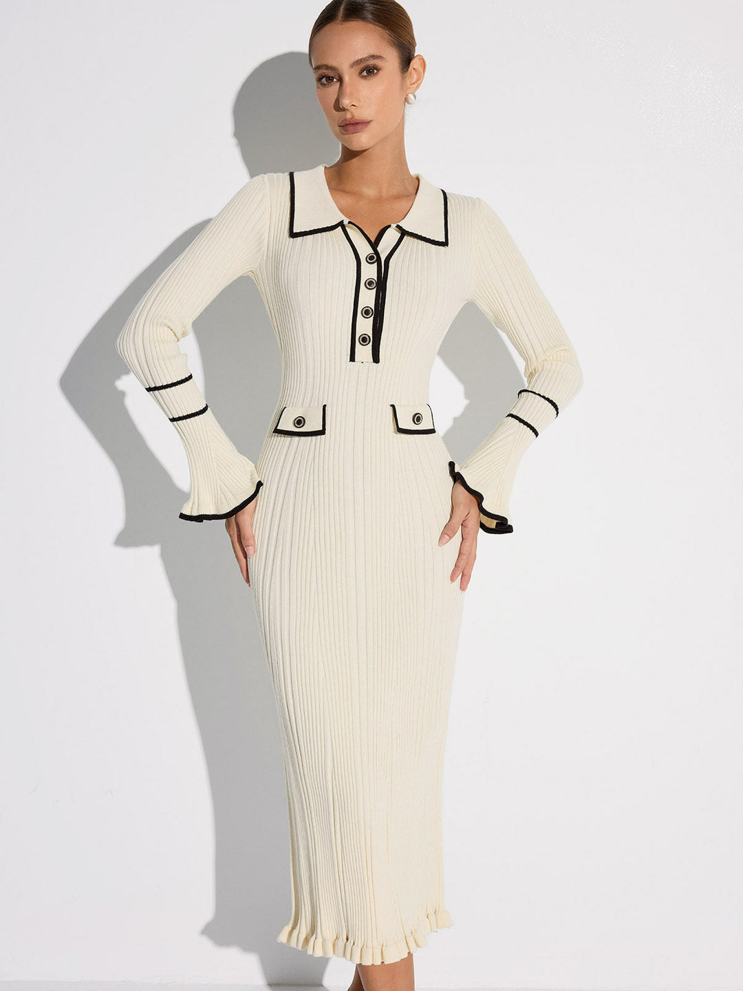 Contrast Trim Buttoned Ribbed Sweater Dress