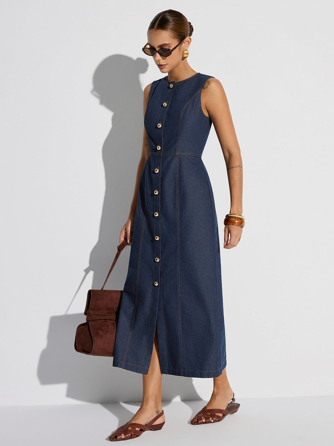 Button-Front Sleeveless Denim Maxi Dress