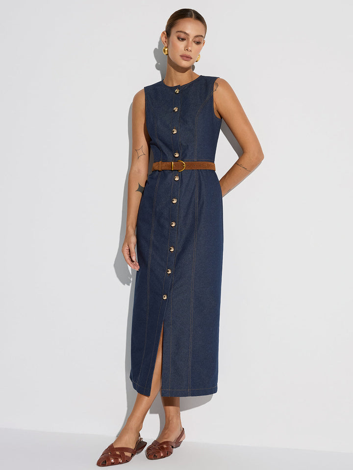 Button-Front Sleeveless Denim Maxi Dress