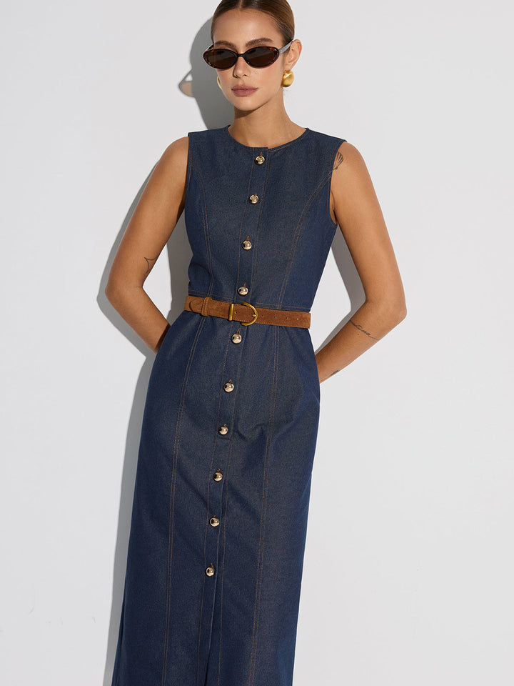 Button-Front Sleeveless Denim Maxi Dress
