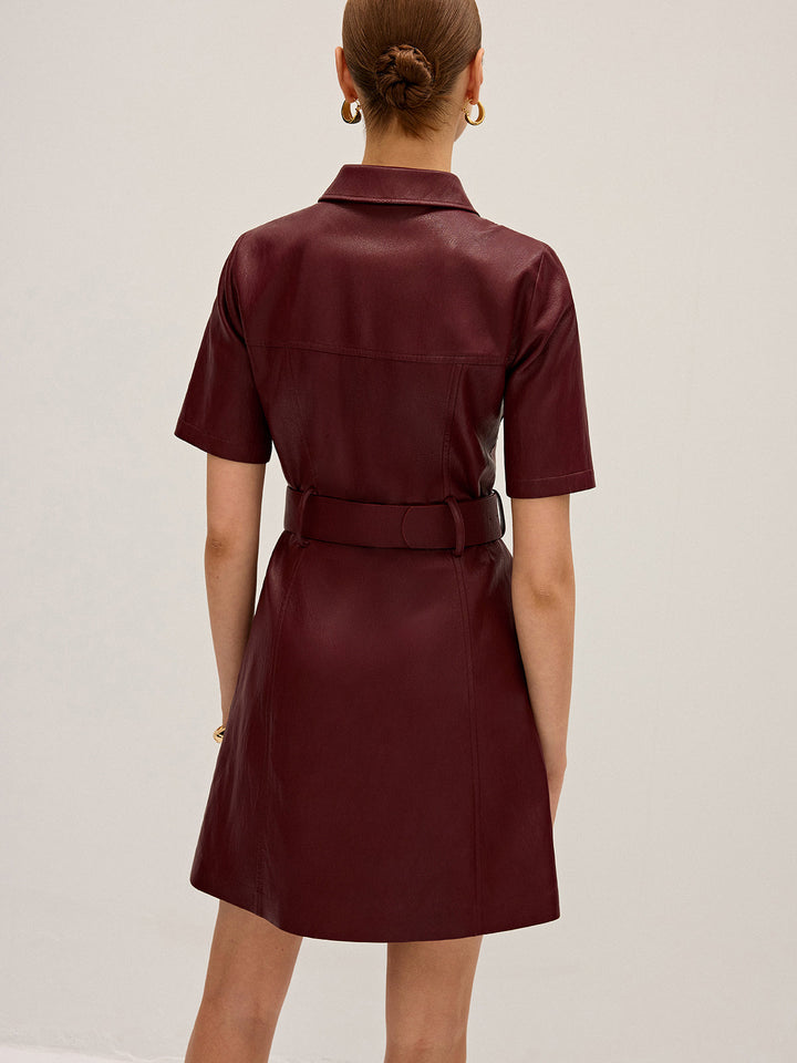 Shirt Collar Belted PU Leather Mini Dress