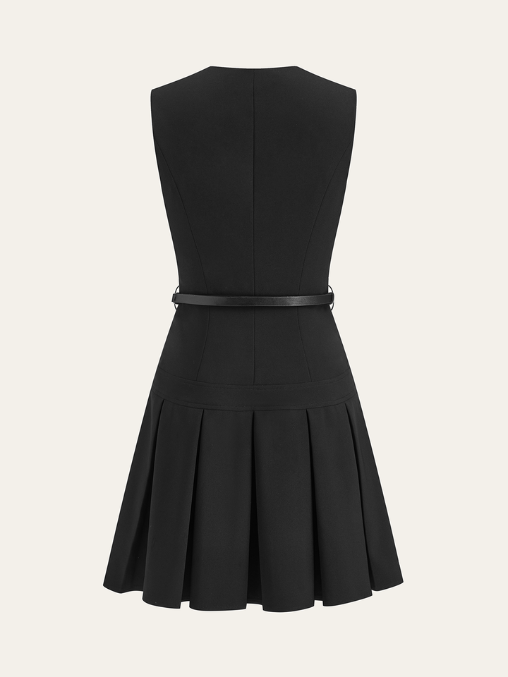 Sleeveless Keyhole-Neck Belted Pleated Mini Dress