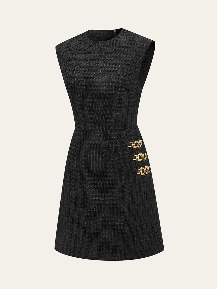 Chain Detail Tweed Sleeveless Mini Dress