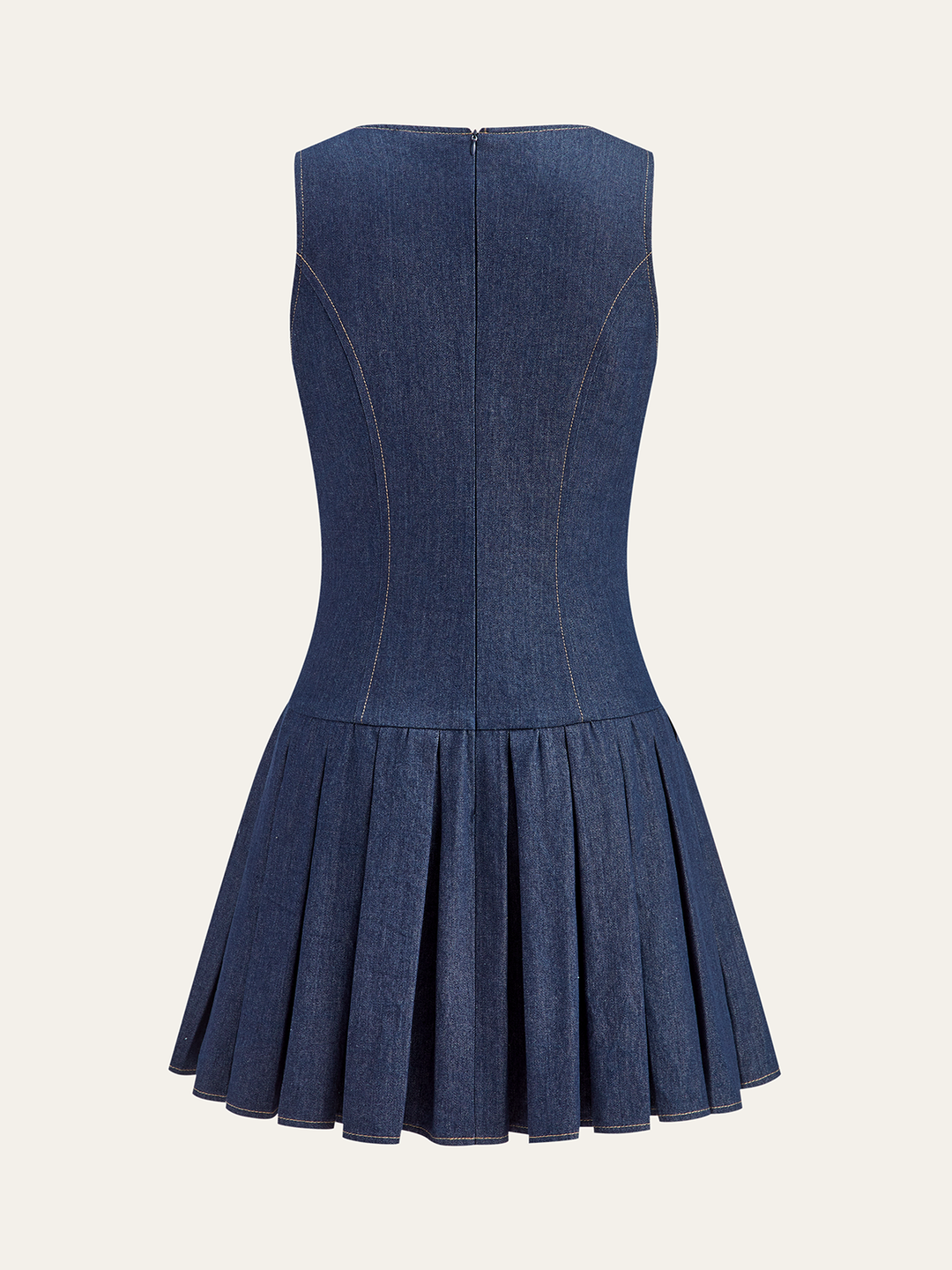 Metal Detail Denim Pleated Sleeveless Dress