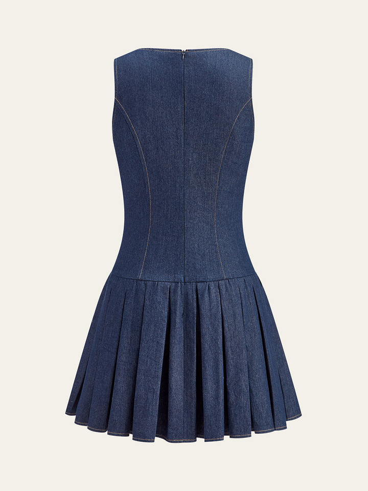 Metal Detail Denim Pleated Sleeveless Dress