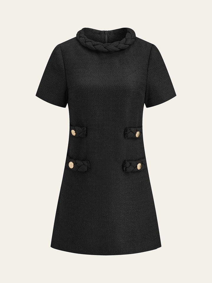 Tweed Braided Rope Collar Short Sleeve Dress