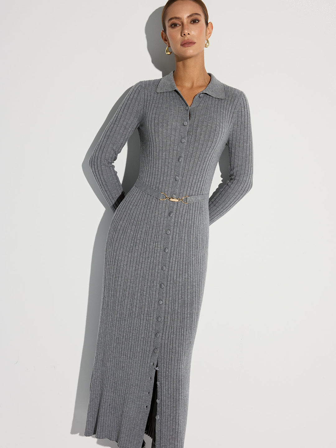 Ribbed Knit Polo Maxi Dress with Belt