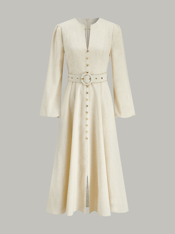 Button Front Belted Midi Dress