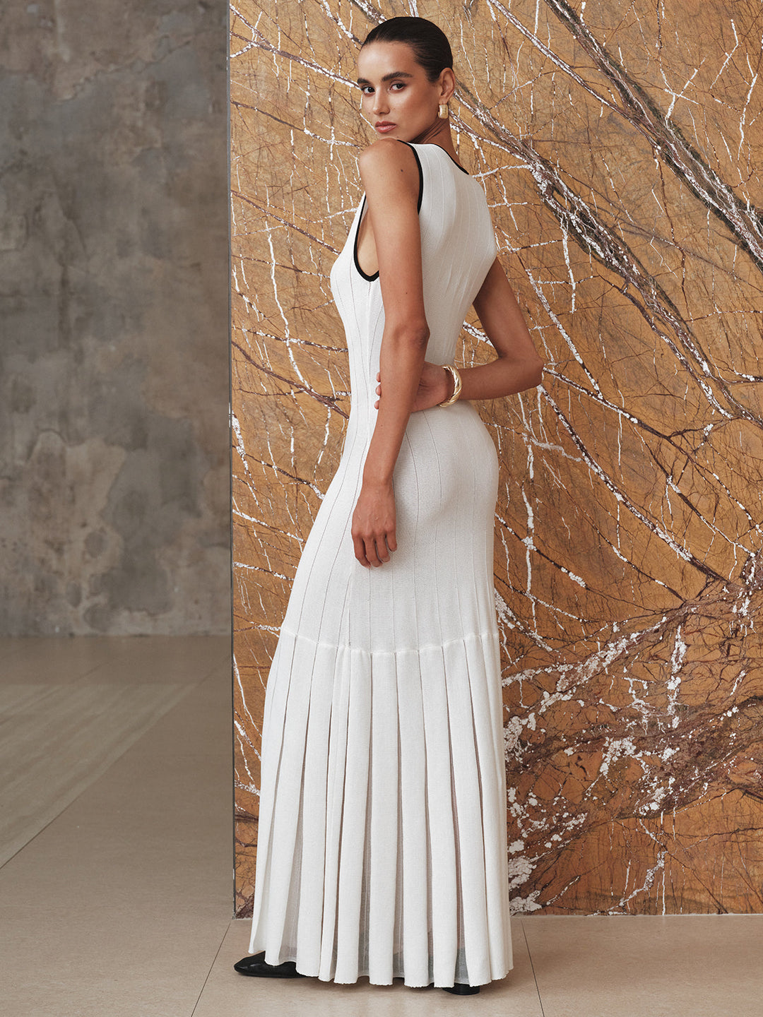 Contrast Trim Sheer Panel Knit Maxi Dress