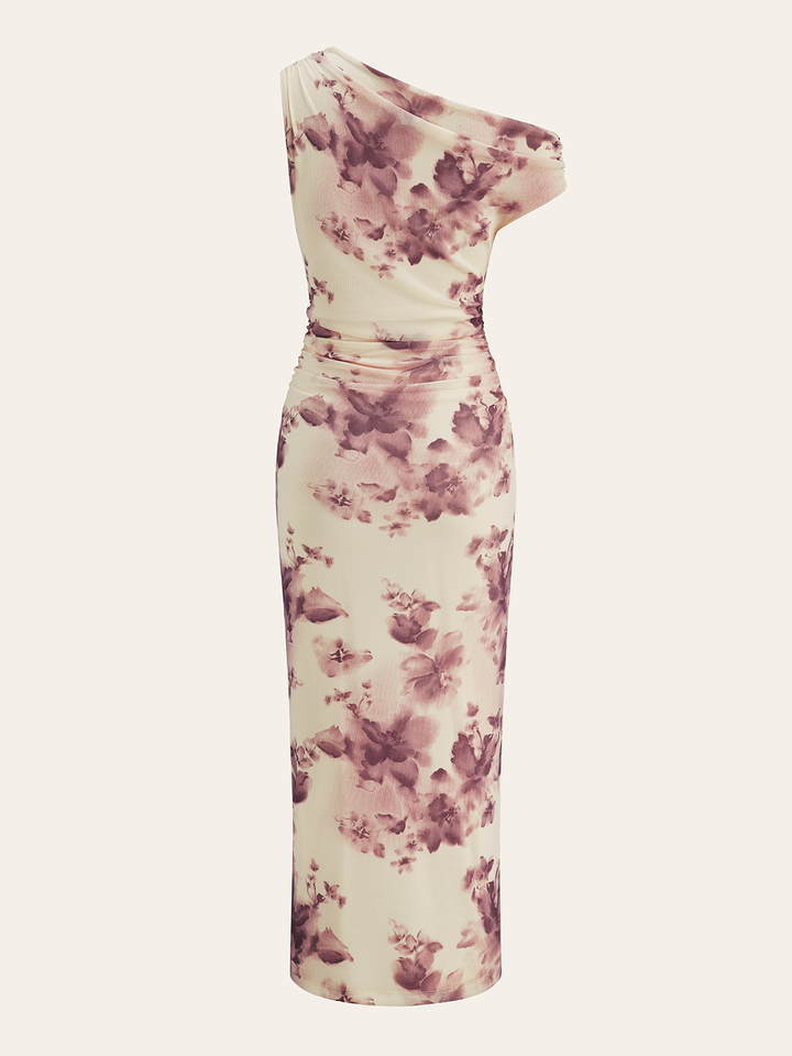 Semi-Sheer One-Shoulder Ruched Floral Print Midi Dress