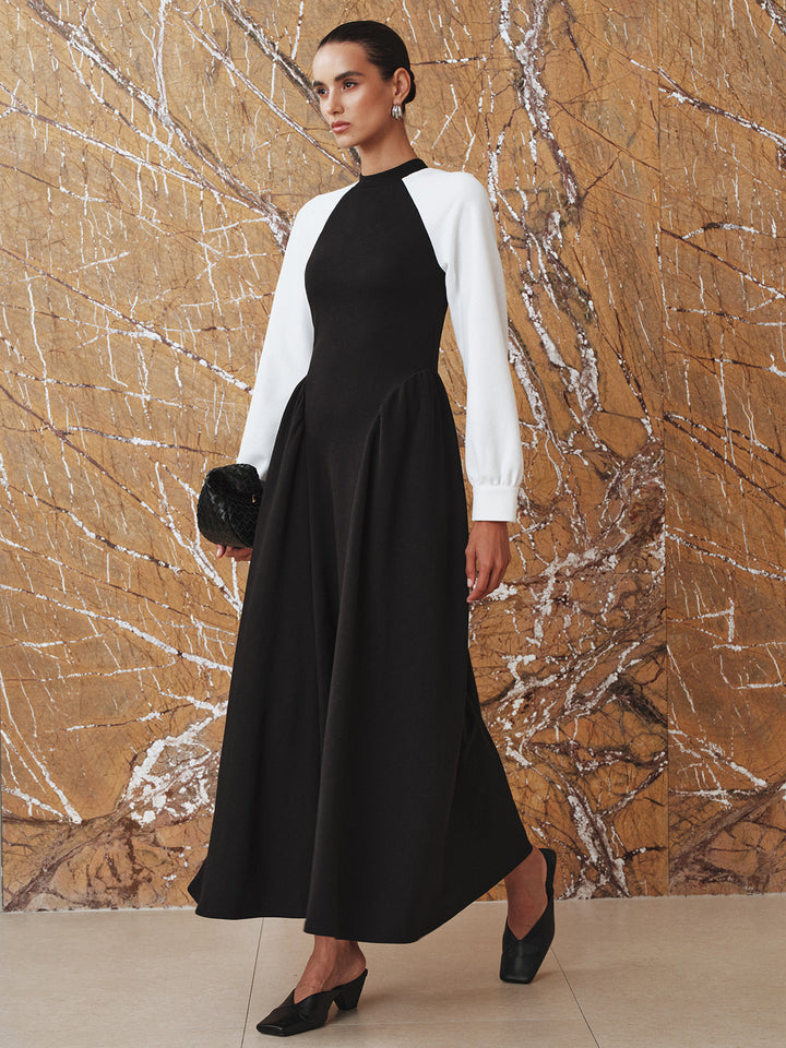 Contrast-Sleeve Pleated Midi Dress