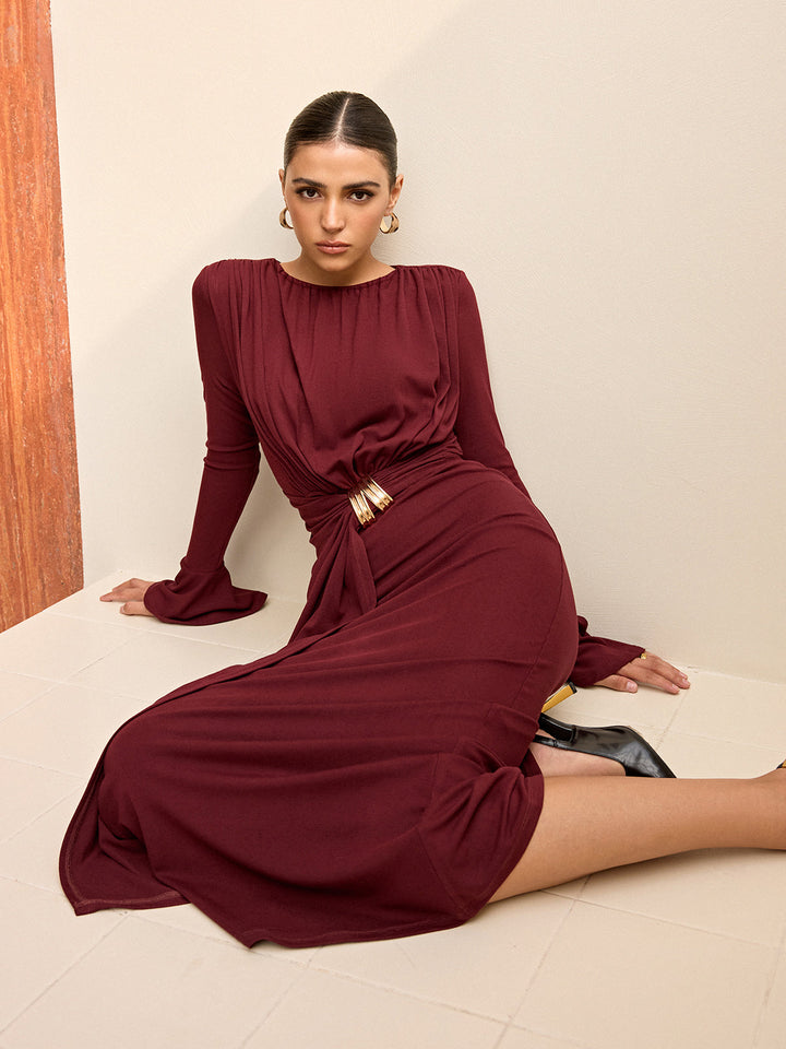 Long-Sleeve Draped Maxi Dress