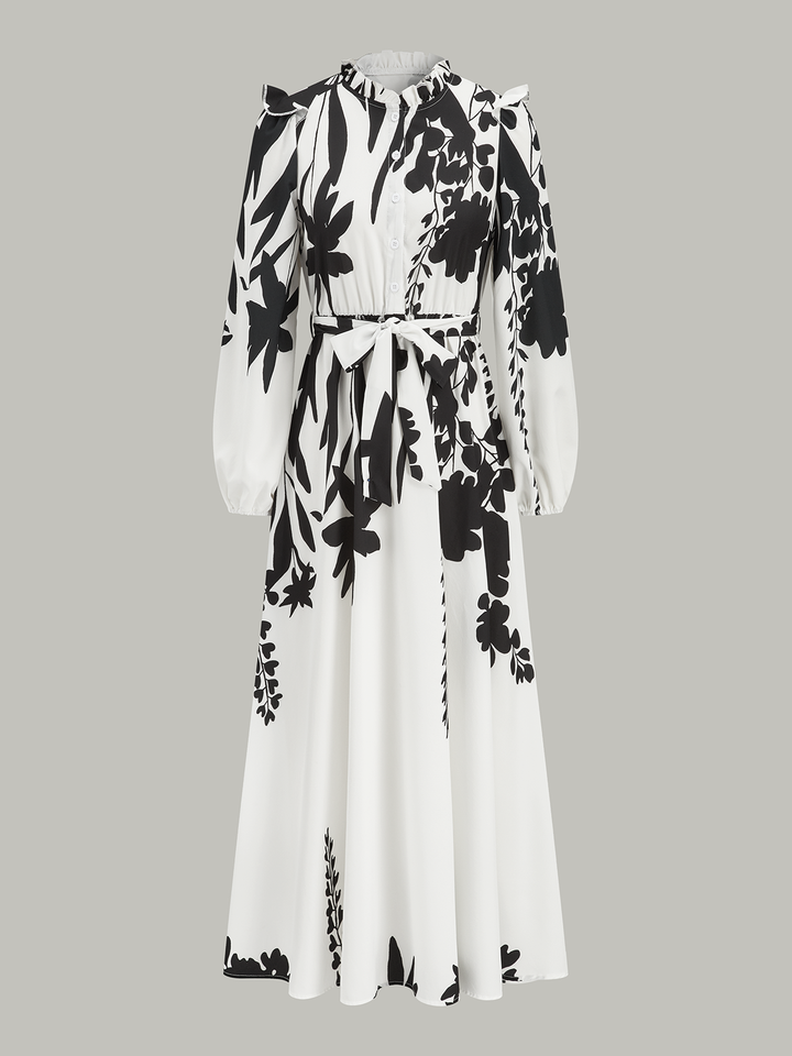 Ruffle Neck Belted Floral Print Maxi Dress