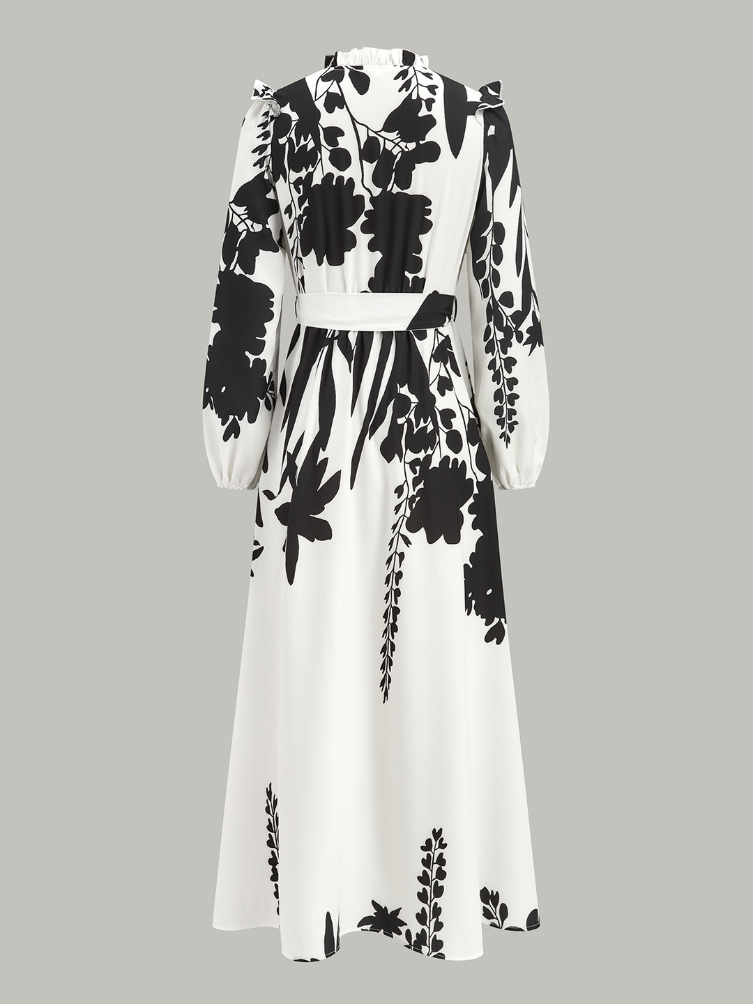 Ruffle Neck Belted Floral Print Maxi Dress