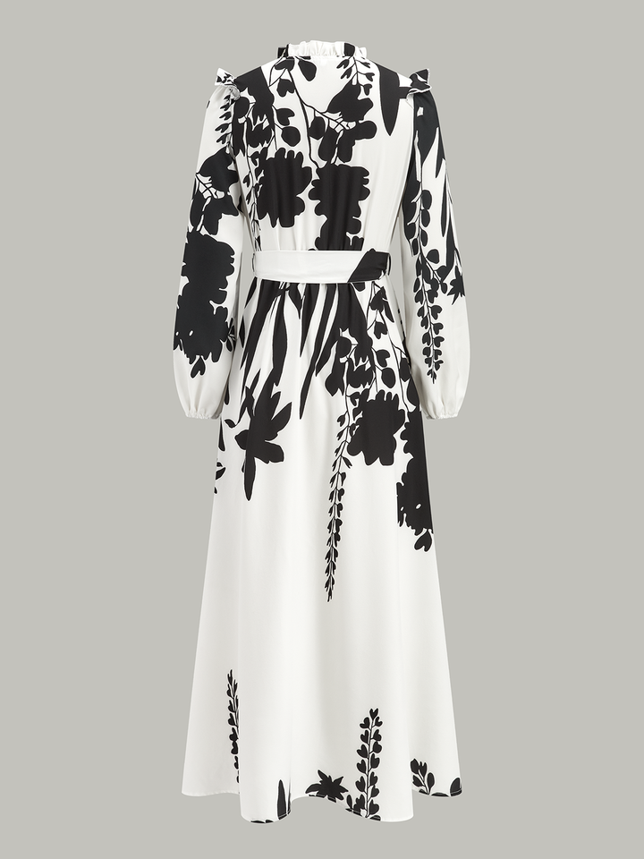 Ruffle Neck Belted Floral Print Maxi Dress
