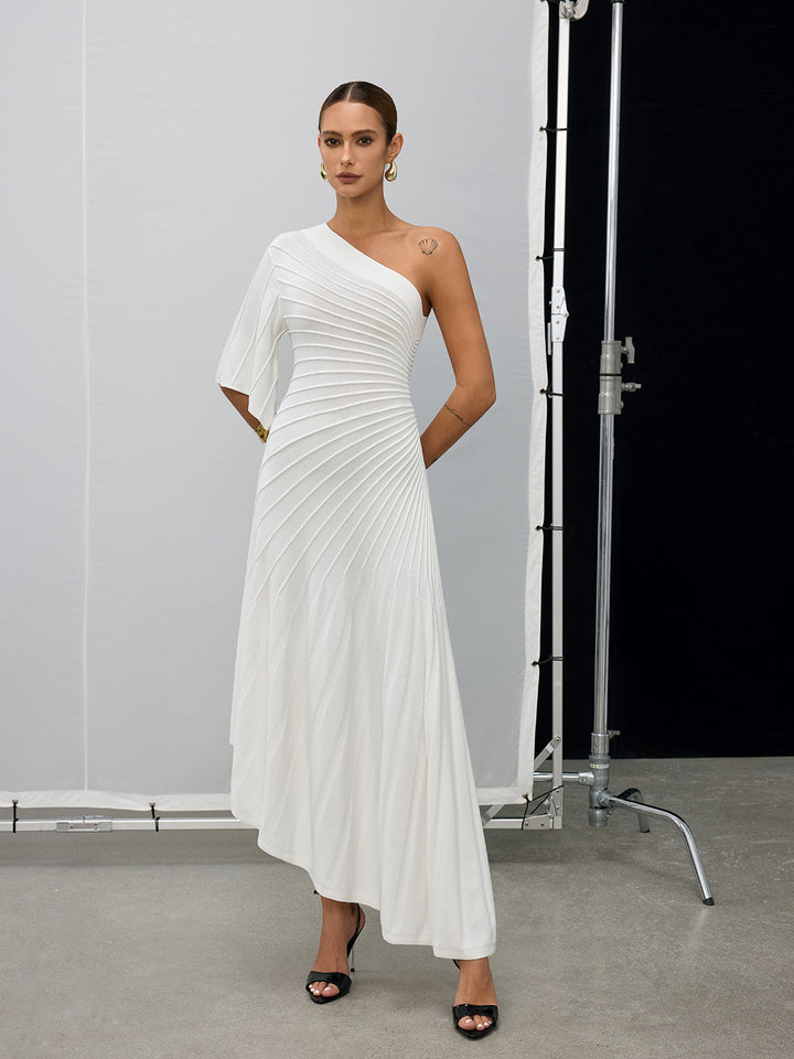 Asymmetric One-Shoulder Textured Sweater Dress
