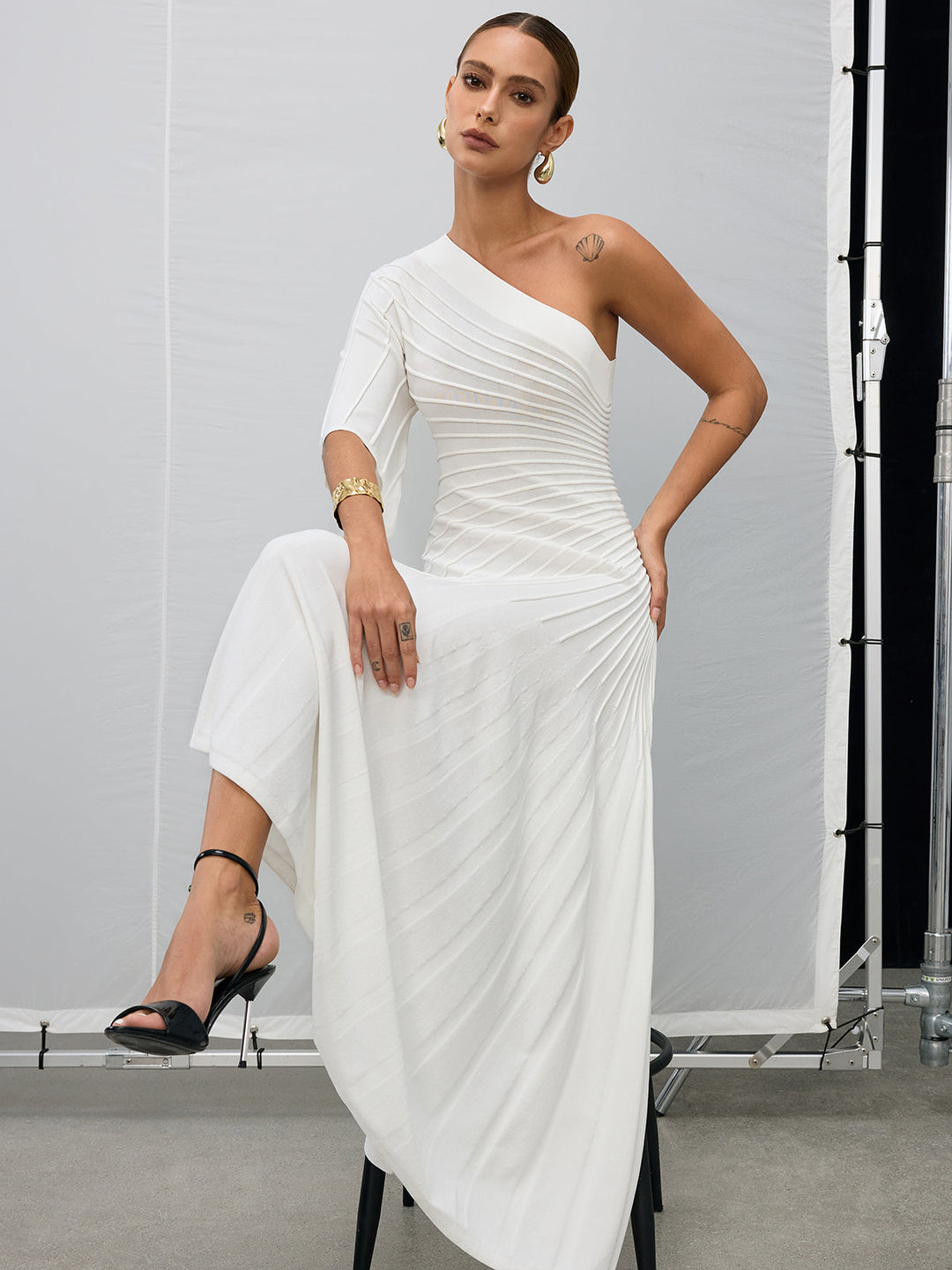 Asymmetric One-Shoulder Textured Sweater Dress