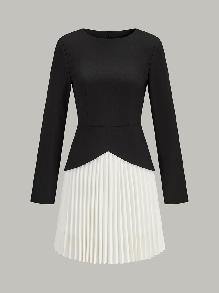 Long Sleeve Color-Block Pleated Dress