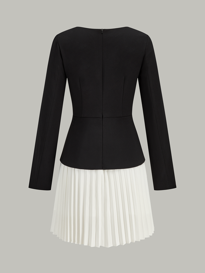 Long Sleeve Color-Block Pleated Dress