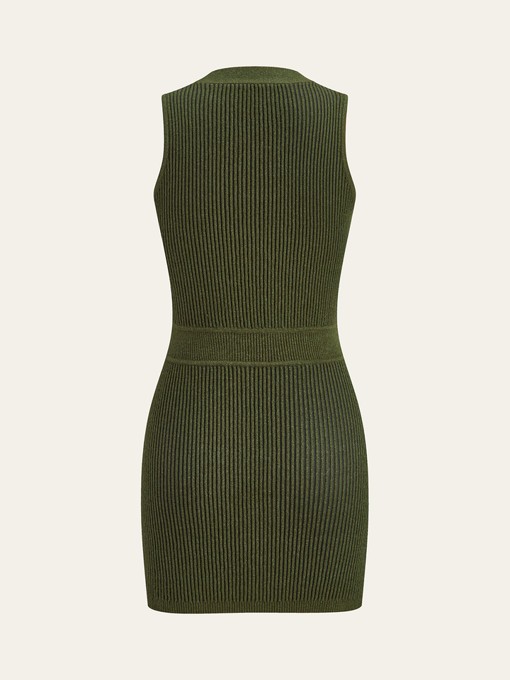 Sleeveless Textured Buttoned Fitted Sweater Dress