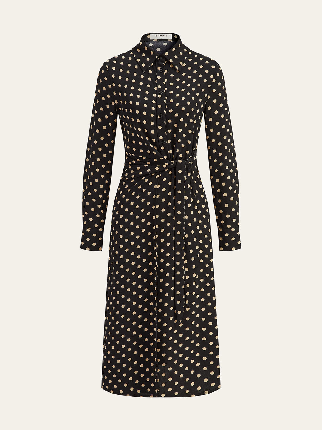 Polka Dot Shirt Collar Belted Long Sleeve Dress
