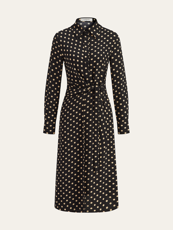 Polka Dot Shirt Collar Belted Long Sleeve Dress