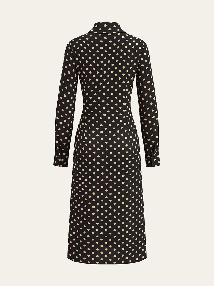 Polka Dot Shirt Collar Belted Long Sleeve Dress