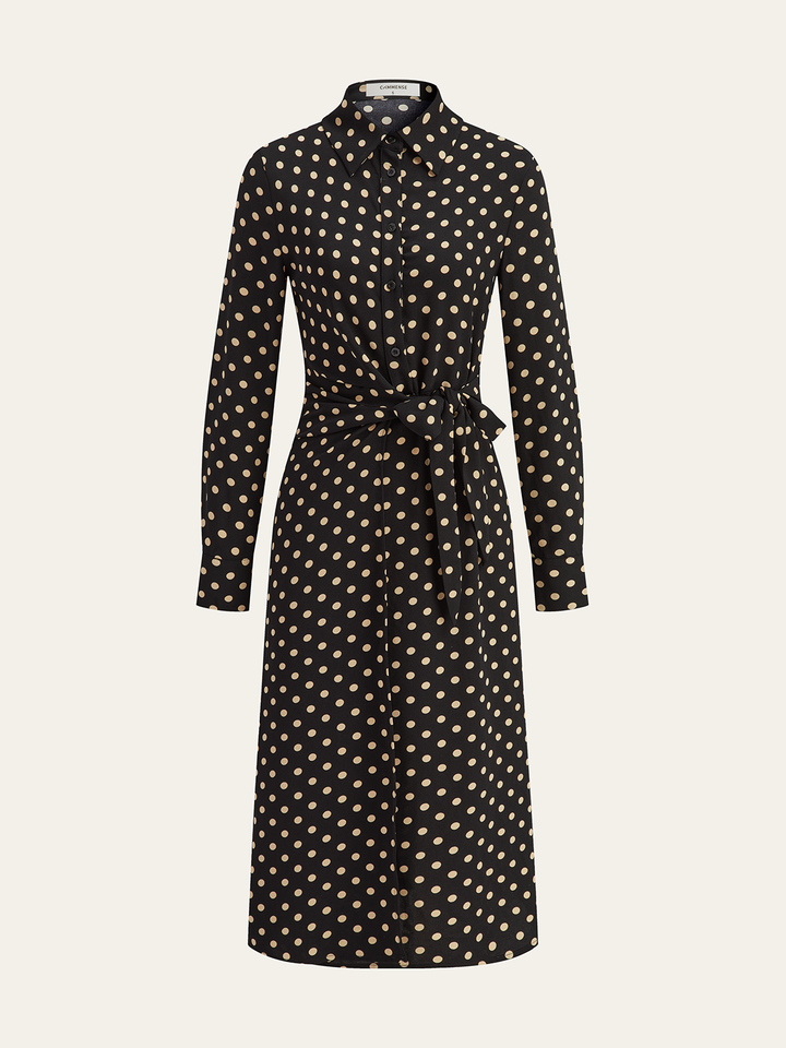Polka Dot Shirt Collar Belted Long Sleeve Dress