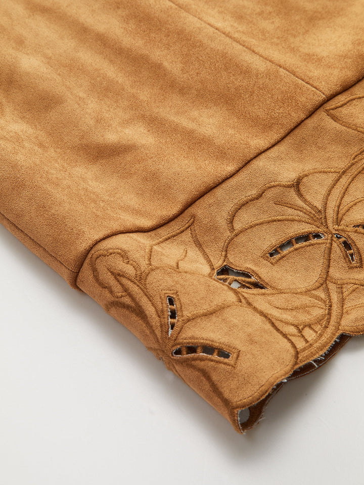 Suede Effect Floral Embroidered Sleeveless Mini Dress