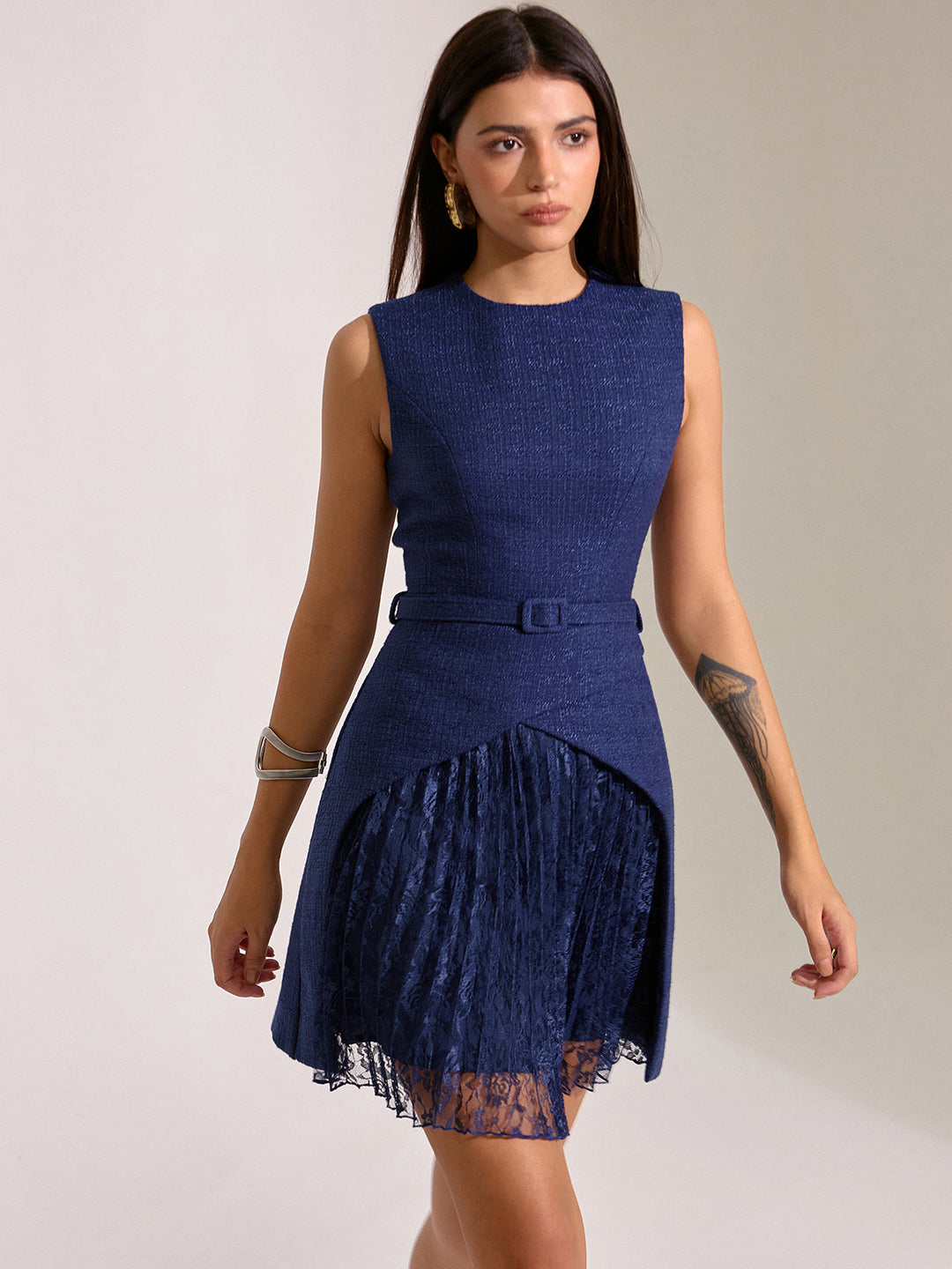 Belted Pleated Lace Mini Dress