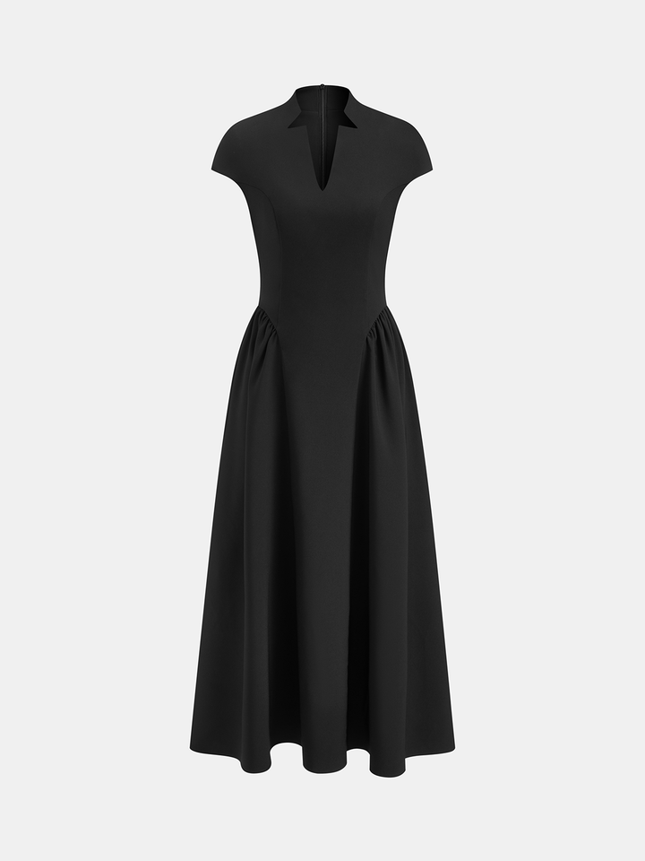 Cap Sleeved Keyhole Neckline Flared Midi Dress