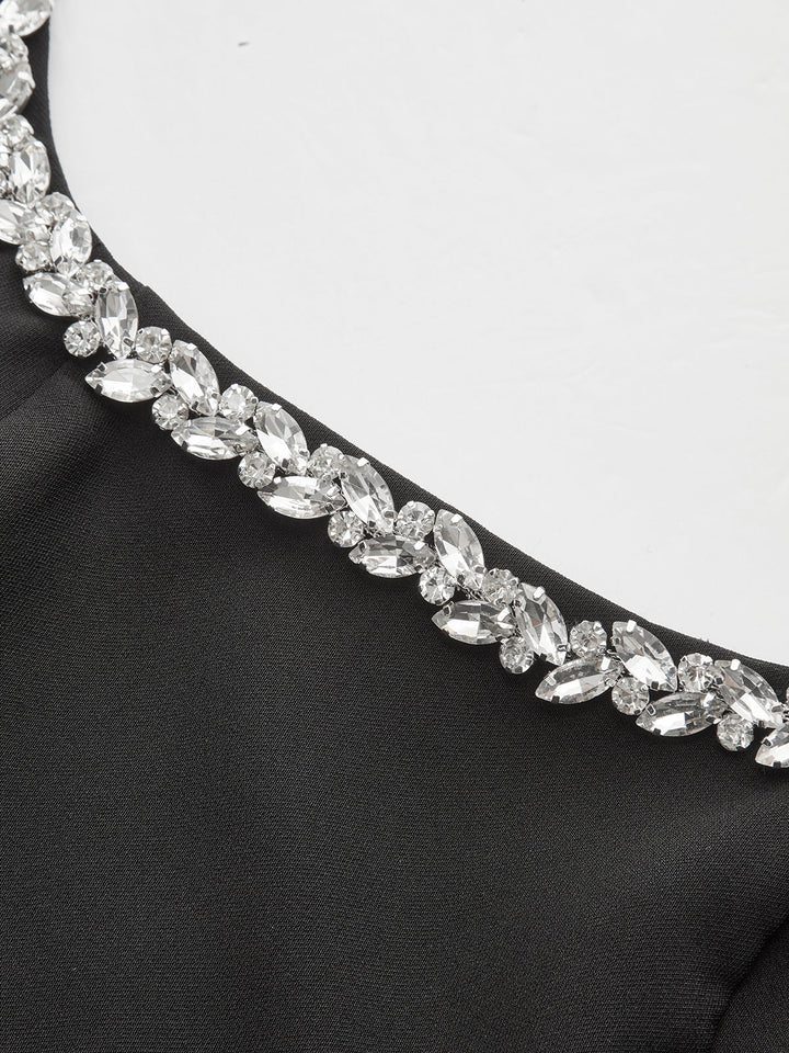 Sleeveless Square Neck Diamond Trim Flare Dress