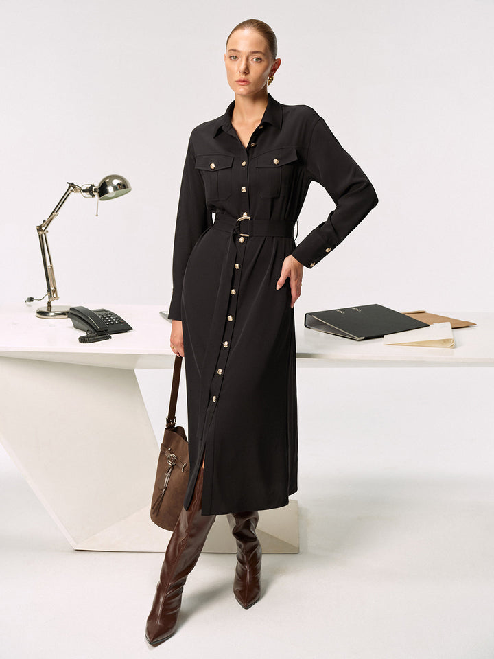 Metal Button-Front Belted Shirt Dress