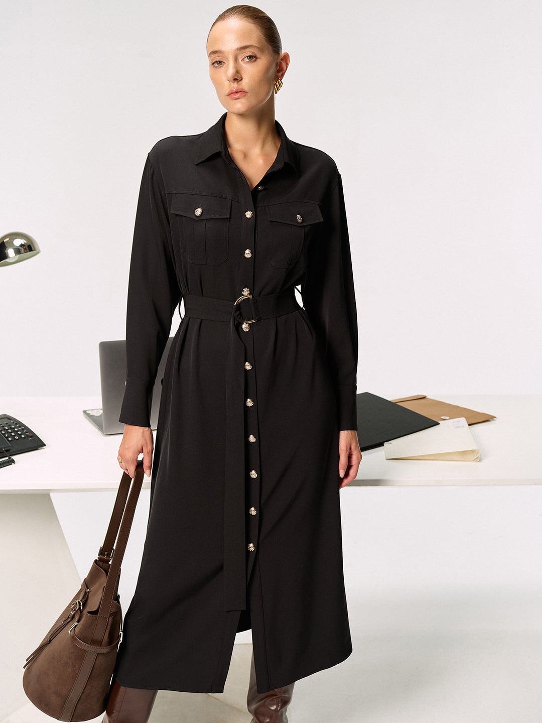 Metal Button-Front Belted Shirt Dress