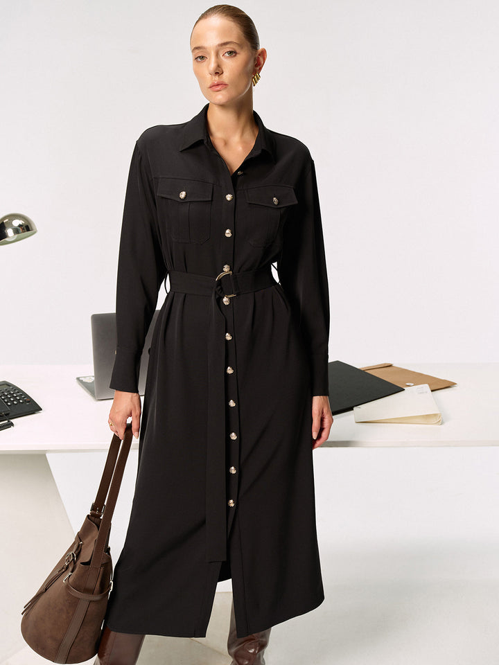 Metal Button-Front Belted Shirt Dress