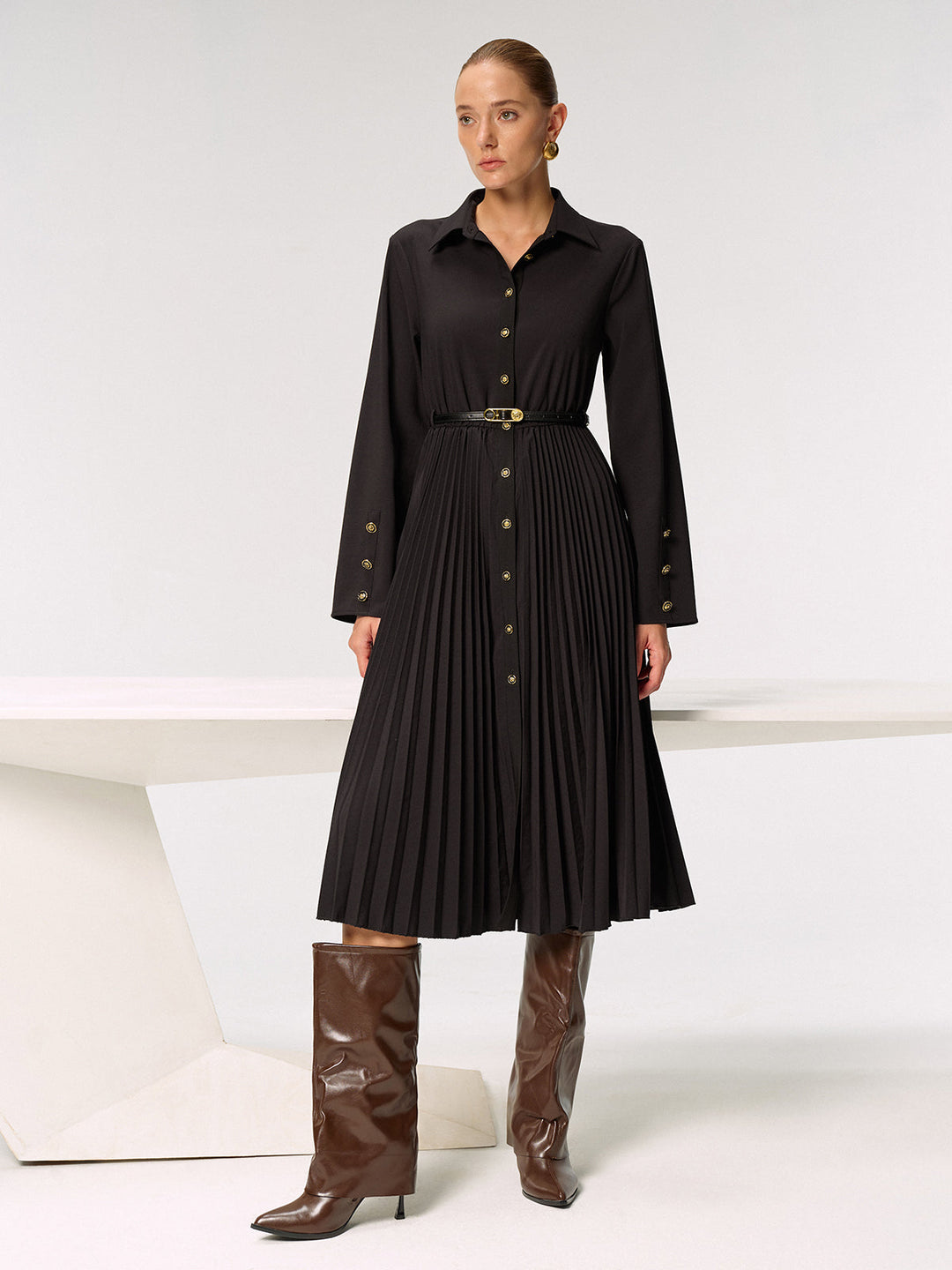 Metal Button Belted Pleated Shirt Dress