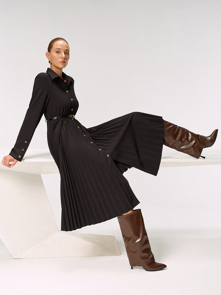 Metal Button Belted Pleated Shirt Dress