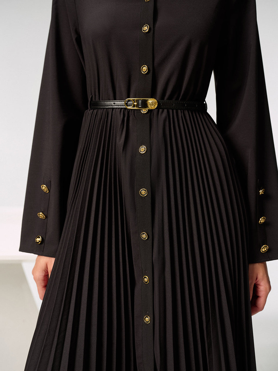 Metal Button Belted Pleated Shirt Dress