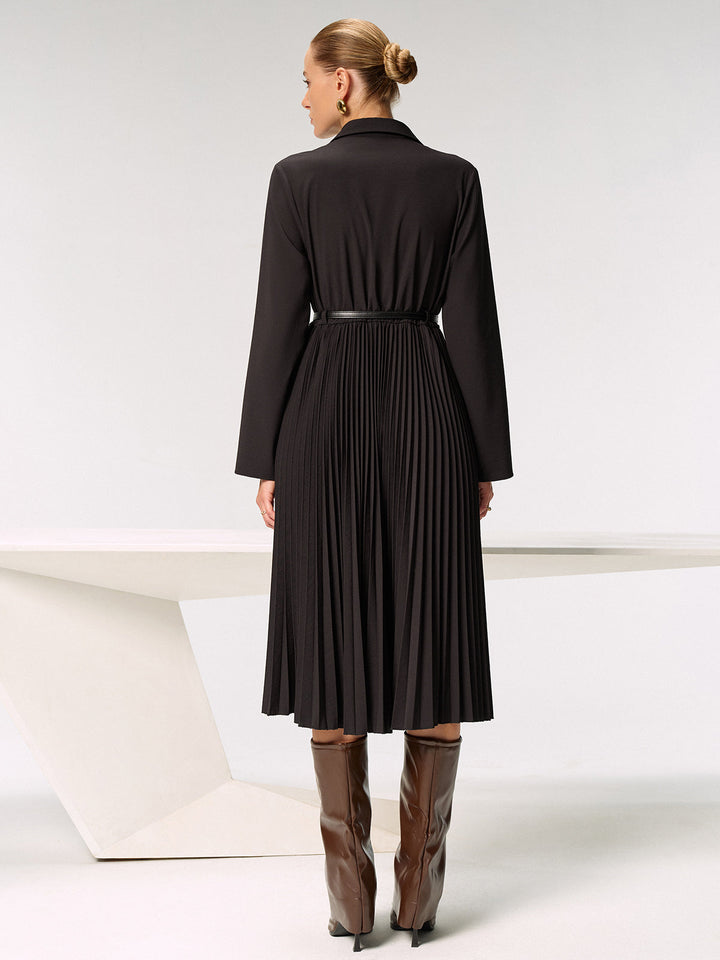 Metal Button Belted Pleated Shirt Dress