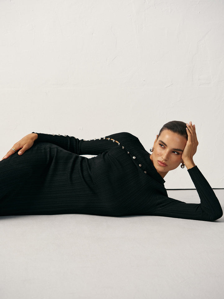 Textured Pearl Wool Blend Fitted Sweater Dress