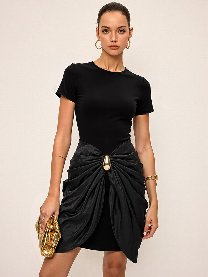 Short Sleeve Ruched Metal Buckle Dress