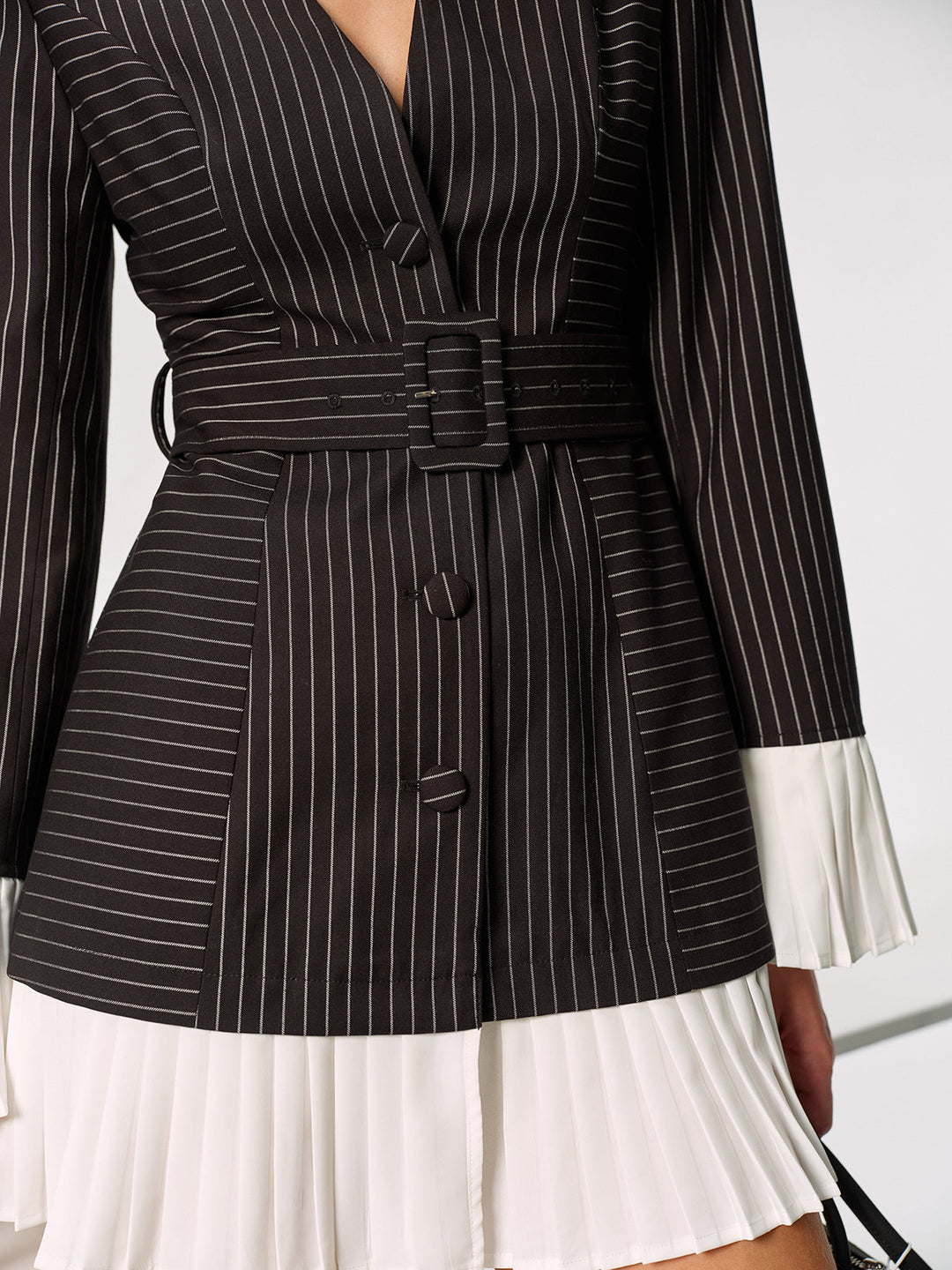 Contrast Pleated Panel Pinstriped Belted Blazer Dress
