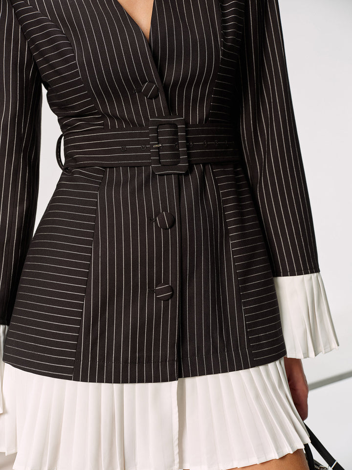 Contrast Pleated Panel Pinstriped Belted Blazer Dress