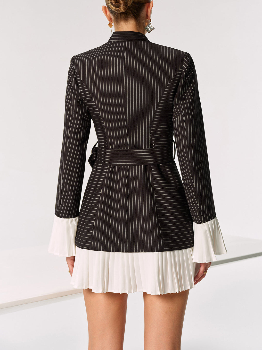Contrast Pleated Panel Pinstriped Belted Blazer Dress