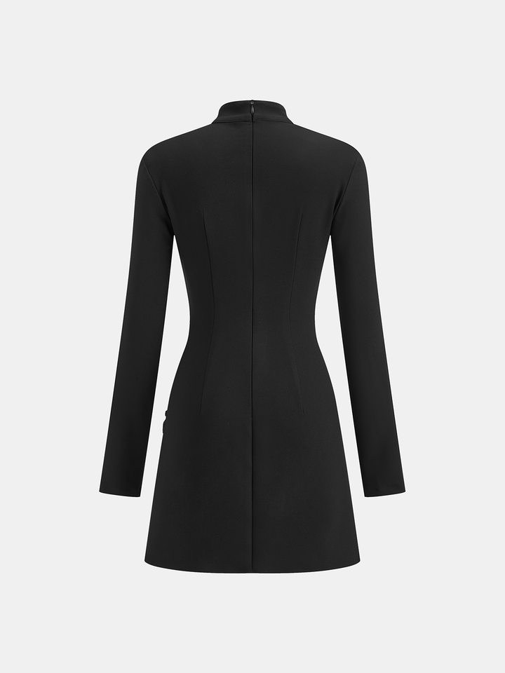 Stand Collar Long Sleeve Know Button Side Slit Dress