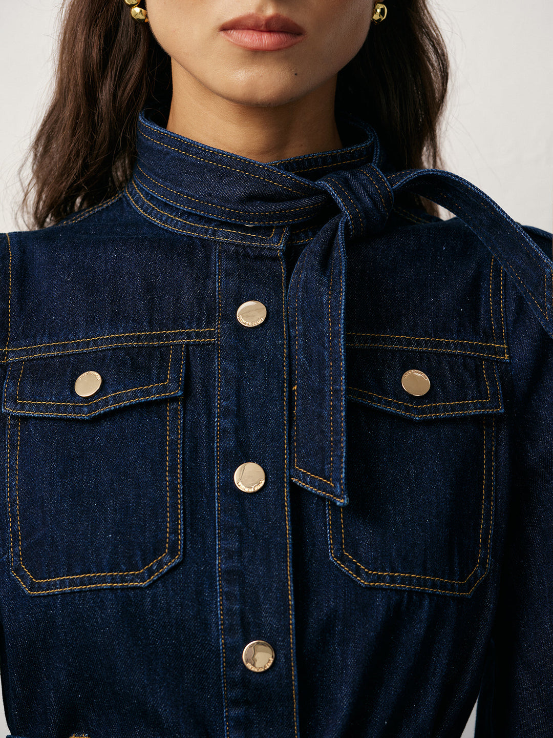 Belted Button-Front Denim Dress