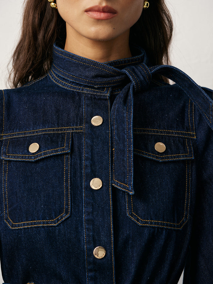 Belted Button-Front Denim Dress