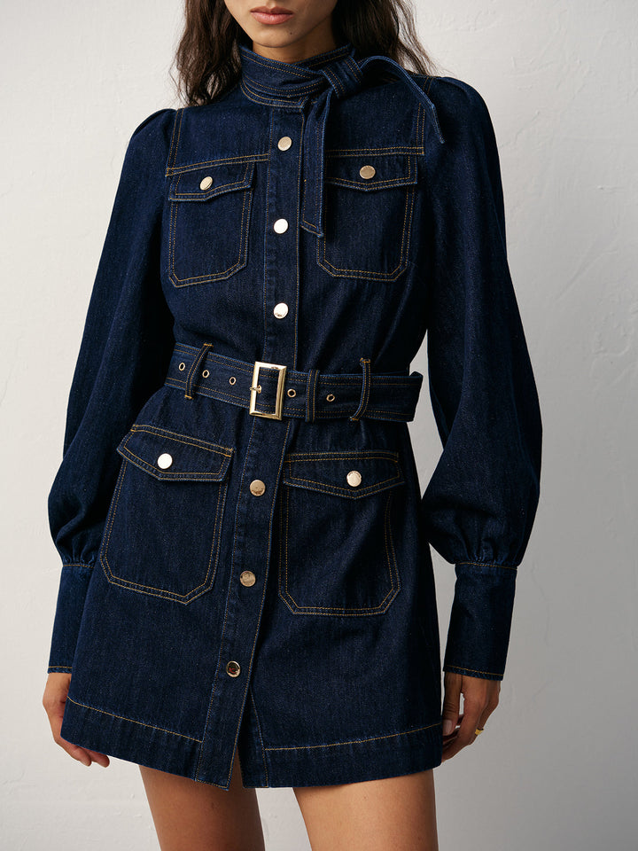 Belted Button-Front Denim Dress