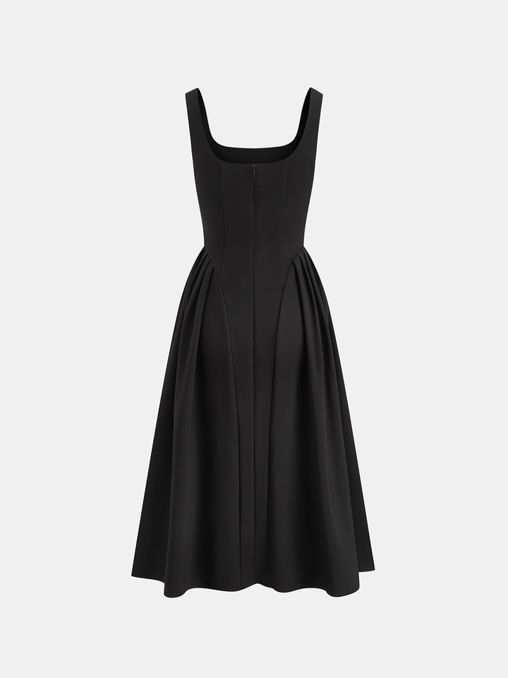 Sleeveless Square Neck Diamond Trim Flare Dress