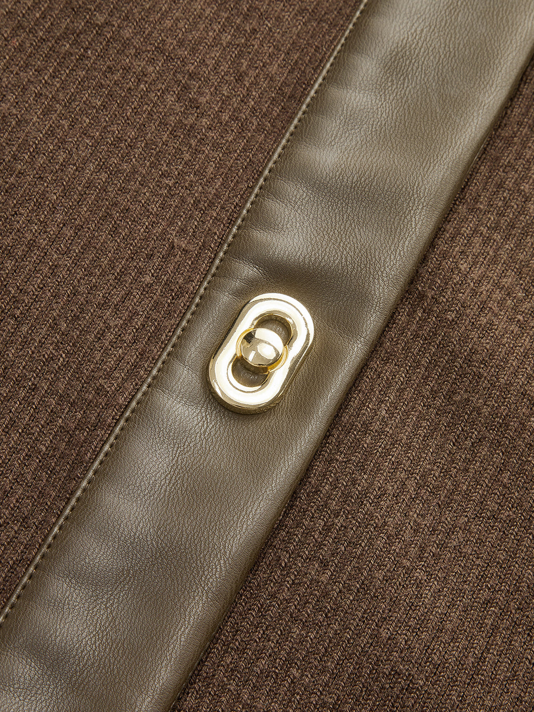 Shirt Collar Faux Leather Panel Ribbed Midi Dress